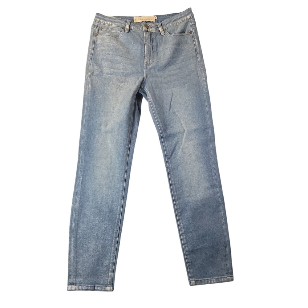 Soft‎ Surroundings Metallic Shimmer Slim Leg Jeans Blue Silver High Rise Size 8